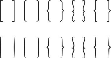 Kare ve kıvrımlı çift diş teli. Simetrik parantez çiftleri, matematik için noktalama işaretleri. Düz stil matematik çerçeveleri. Şeffaf arkaplan üzerindeki metin alıntısı için parantez işaretleri.