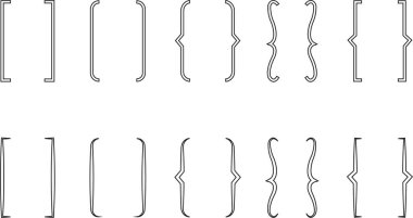 Kare ve kıvrımlı çift diş teli. Simetrik parantez çiftleri, matematik için noktalama işaretleri. Taslak biçimlerde matematik için çerçeveler. Şeffaf arkaplan üzerindeki metin alıntısı için parantez imzası.