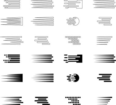 Hız çizgisi, düz simgeler ayarlandı. Hızlı hareket efekti. Siyah yatay hareket. Hız eylem sembolleri. Süper kahraman işaretleri. Şeffaf arkaplanda izole edilmiş komik öğeler. Hız geliştirme şeması gücü artırır.