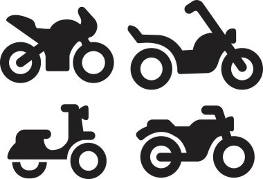 Motosikletler ve bisikletler ikonları doldurur. Motokros ve dağıtım modern araçların yan görüntüsü şeffaf arka planda izole edildi. Taşıma sembolleri. Uygulama ve web siteleri için motosiklet silueti düz tasarımı.