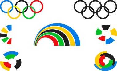 Olimpik oyun logoları, gökkuşağı seti. Moskova 29 Ocak 2024, Paris Olimpiyat 2024, Eyfel Kulesi 'ne karşı teçhizat. Fransa 'da Yaz Olimpiyatları kavramı. Çoklu renkli çerçeveler şeffaf arkaplan.