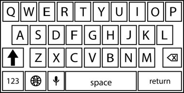 Karanlık kipte akıllı telefon klavyesi, modaya uygun modern Outline tarzında klavye alfabe düğmeleri, siyah renkli metin uygulaması için cep telefonu sekmesi çizimi şeffaf arkaplanda izole edilmiş vektör çizimi.