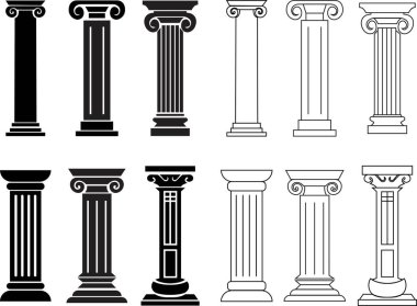 Ancient pillar or Column icons Set. Elegant classic roman, Greek architecture flat, Line silhouette column. Law Marble Sculpture. Symbol element for infographic web isolated on transparent background. clipart