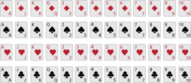 Elmas, sinek, kupa ve maça ikonlu iskambil kartları seti. Kumarhane pokeri ve kumar grafik elementleri şeffaf arka planda izole edildi. As kart kazanan poker el illüstrasyonu.