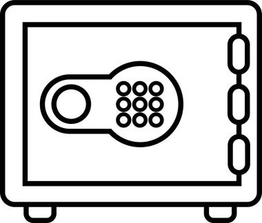Kasa Kutusu Simgesi. Kapalı kasa ve içinde para ve güvenlik gibi nesneler var. Strongbox vektör işareti taslak biçiminde. Şeffaf arkaplanda Peter sembolü veya logosu izole.
