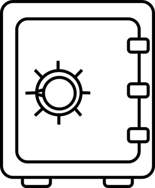 Kasa Kutusu Simgesi. Kapalı kasa ve içinde para ve güvenlik gibi nesneler var. Strongbox vektör işareti taslak biçiminde. Şeffaf arkaplanda Peter sembolü veya logosu izole.