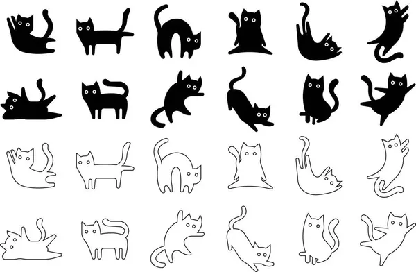 Kedi simgeleri düz çizgi şeklinde dizilmiş. Şablonlar, web sitesi tasarımları ve bilgi grafikleri için hayvan silueti Siyah Hayvan Sembolü, çocuklarla çizim. Şeffaf arkaplanda ev hayvanı imzası düzenlenebilir..