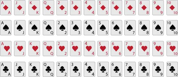 Elmas, sinek, kupa ve maça ikonlu iskambil kartları seti. Kumarhane pokeri ve kumar grafik elementleri şeffaf arka planda izole edildi. As kart kazanan poker el illüstrasyonu.