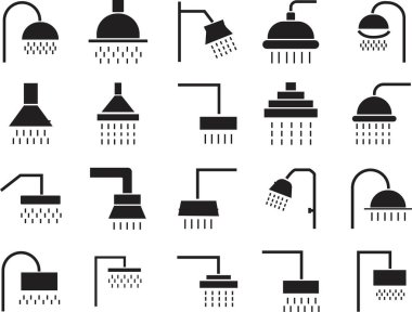 Reklamlar için duş başlığı vektörleri kümesi. Kitaplar, mağazalar, dükkanlar için uygun. Duş ikonu işareti alıyorum. Şeffaf arkaplanda izole edilmiş siyah dolgu biçiminde banyo duş piktogramı sembolü.