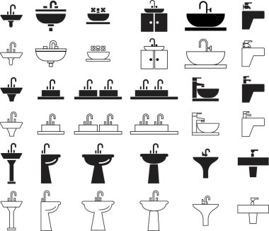 Kitchen Washbasin flat, line icons Set. Sink with tap, Bathroom symbols, Kitchen furniture signs editable stock for mobile concept, web design. Sink cleaning in trendy style on transparent background.