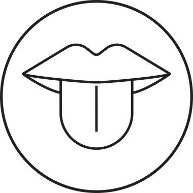 Dil çıkarma vektörü. Ağzını aç, yala, dilini dışarı çıkar. Lezzet şeması. Dudaklı dil. Ağız lezzetli duyu sembolü. Saydam arkaplanda uygulama ve web sitesi için satır resim simgesi.