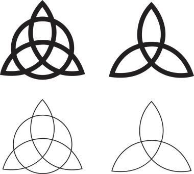 Triquetra simgeleri ayarlandı. Kelt yaprağı gibi basit semboller siyah vektör çizimi. Dövme düzlüğü için üç Viking kabilesinin Çember Gücüne sahip Trikvetr düğümü, şeffaf arkaplanda çizgi şekilleri.