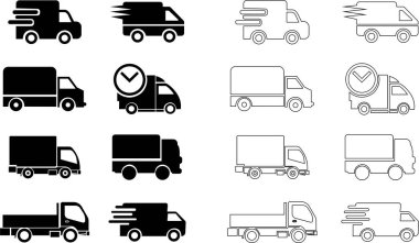 Fast moving shipping delivery truck flat, line icons Set for transportation app and website isolated on transparent background. Service truck, road transport symbol. Track and trace processing status. clipart