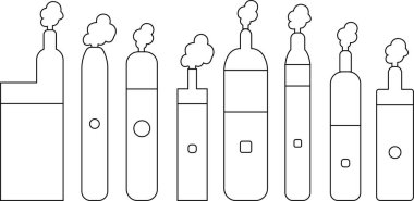 Elektronik sigara dumanı ikonları doğrusal olarak. Moda atomlarına ayırıcı bir cihaz. Sigara ve buhar jeneratörü. Kötü alışkanlık vektörleri. Resimleri şeffaf arkaplanda izole et.