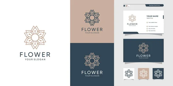 Güzellik çiçeği logosu ve kartvizit tasarımı çizimi. Güzellik, moda, güzellik salonu, spa, yoga Premium Vektörü