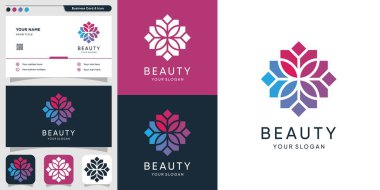 Güzellik rengi çiçek logosu ve kartvizit tasarımı, spa, güzellik, sağlık, kadın, ikon Premium Vector