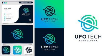 Çizgi sanat tarzı ve kartvizit tasarım şablonlu Ufotech logosu, eşsiz, modern, yeni, teknoloji, uzaylı, Premium Vector