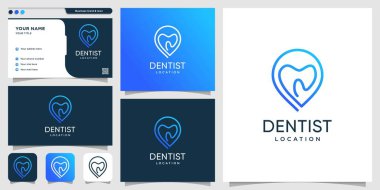 Satır sanat tarzı ve kartvizit tasarım şablonu, diş hekimi, konum, bakım, simge, Premium Vektör ile diş logosu konumu