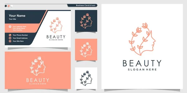Krása Žena Logo Line Art Květinový Styl Design Vizitky Premium — Stockový vektor