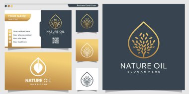 Altın ağaçlı doğal yağ logosu sanat tarzı ve kartvizit tasarımı Premium Vector
