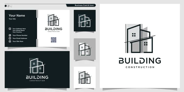 Логотип Здания Уникальным Стилем Линейного Искусства Дизайном Визитных Карточек Premium — стоковый вектор