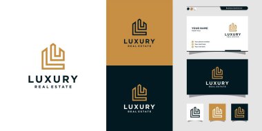 Lüks gayrimenkul logosu tasarımı, altın, bina, mülk, inşaat Premium Vektörü