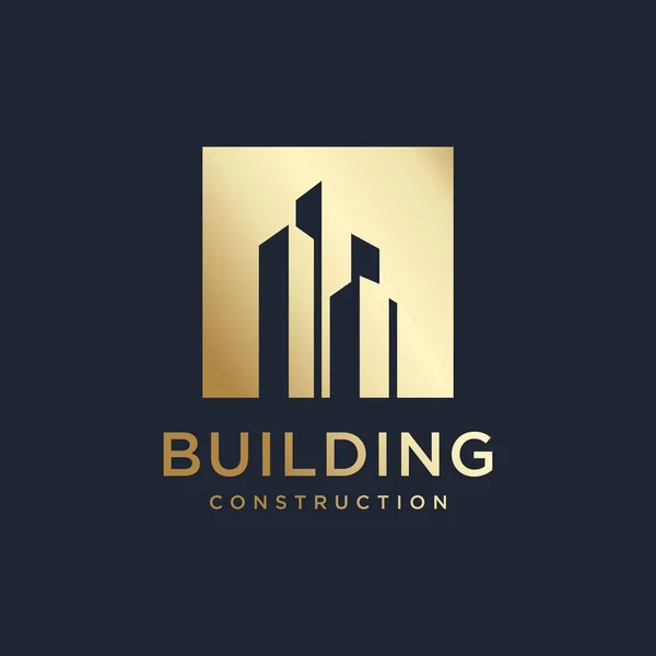 Golden Building Logo Design Ispirazione Costruzione Pendenza Immobiliare — Vettoriale Stock