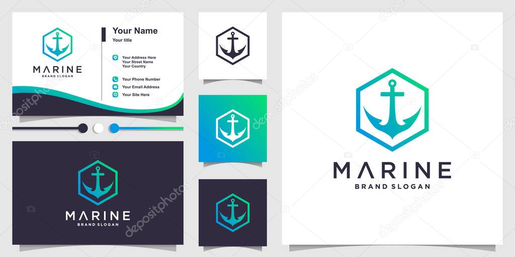 Marine logo with modern gradient style concept and business card design Premium Vector