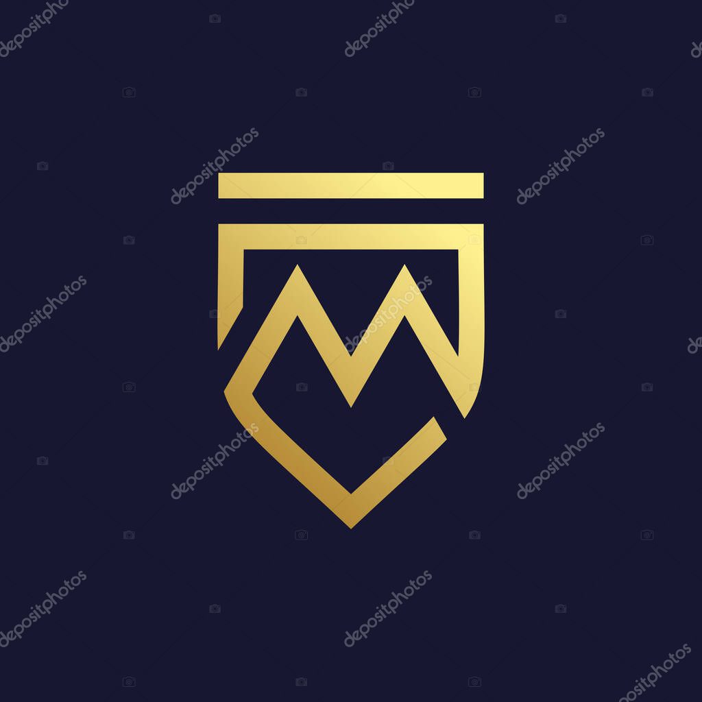 Letter M design with creative unique shield element idea concept and icon