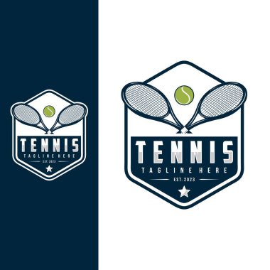 Tenis logosu tasarımı, spor rozeti şablonu. Vektör illüstrasyonu