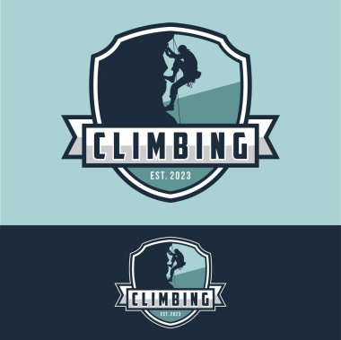 Logo vektör illüstrasyonuna tırmanıyorum. Spor tırmanışı, amblem tırmanışı.