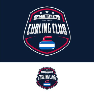 Körling spor takımı için körling logosu. Taşlı curling sporu, logo vektör illüstrasyonu