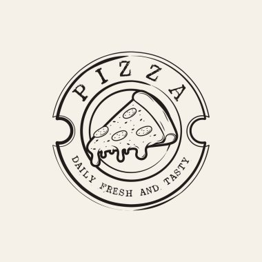 Pizza Logo Vektörü illüstrasyonu. Pizza logosu şablonu. Kafe, restoran veya yemek dağıtım servisi için vektör amblemi.