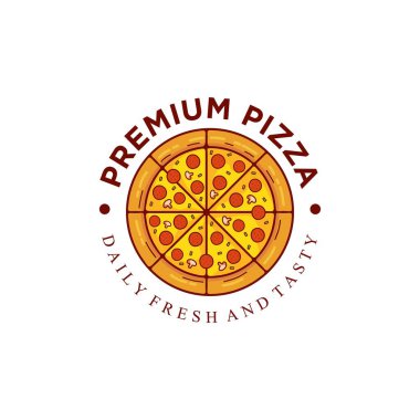 Pizza Logo Vektörü illüstrasyonu. Pizza logosu şablonu. Kafe, restoran veya yemek dağıtım servisi için vektör amblemi.