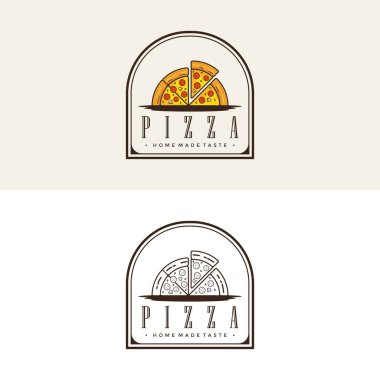 Pizza Logo Vektörü illüstrasyonu. Pizza logosu şablonu. Kafe, restoran veya yemek dağıtım servisi için vektör amblemi.