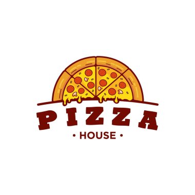 Pizza Logo Vektörü illüstrasyonu. Pizza logosu şablonu. Kafe, restoran veya yemek dağıtım servisi için vektör amblemi.