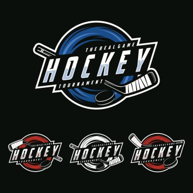 Hokey turnuvası spor logosu şablonu. Hokey kulübü için modern amblem koleksiyon vektör çizimi