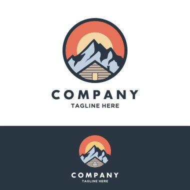 Minimalist logo dizayn şablonu dağ ile kiralanmış ev ya da kulübe için. Ev logosu yapımı. house Mountain logo şablonu Vektör illüstrasyonu