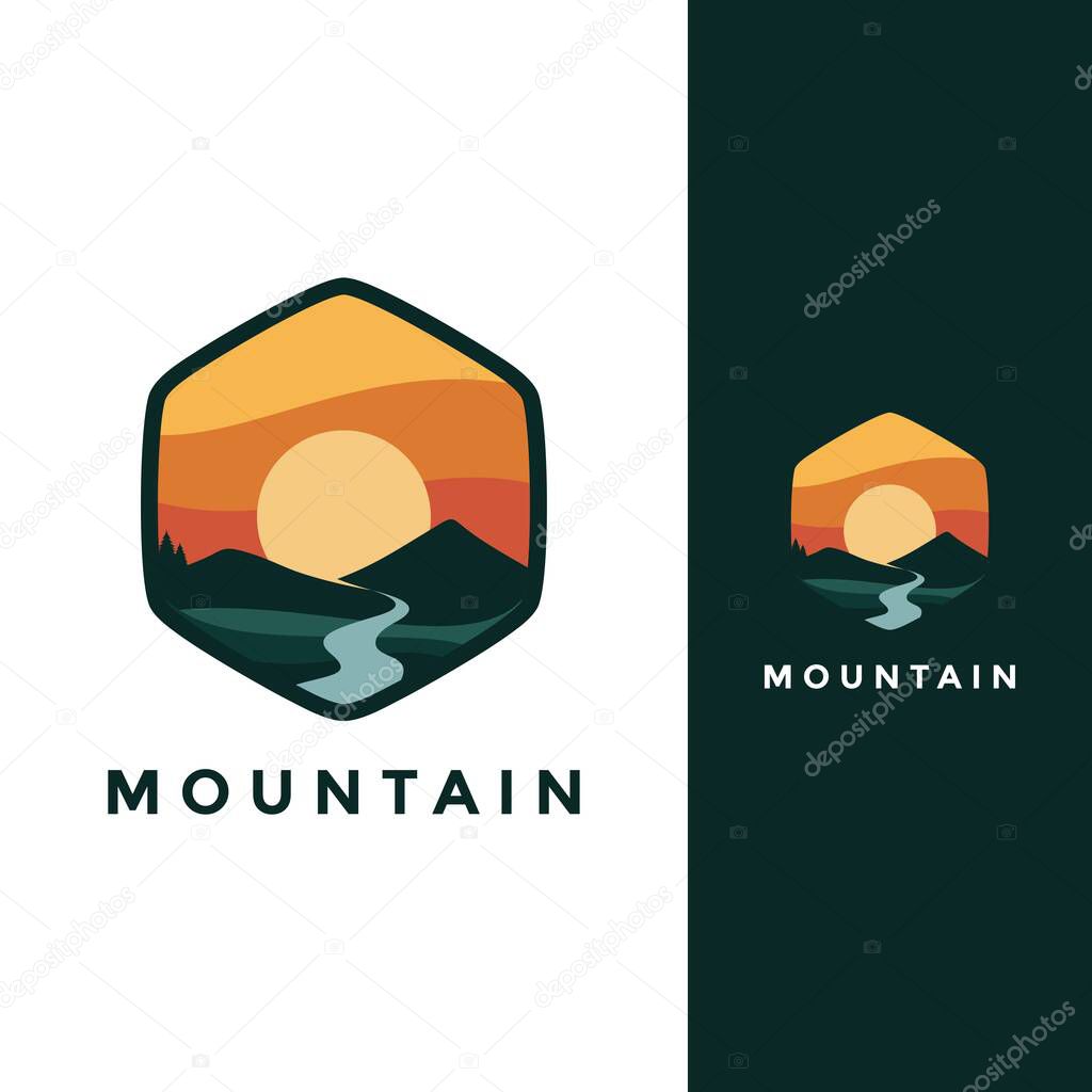 Minimalist Landscape Hills logo element Mountain Peaks, Simple mountain river sunset logo design