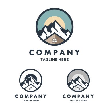 Minimalist logo dizayn şablonu dağ ile kiralanmış ev ya da kulübe için. Ev logosu yapımı. house Mountain logo şablonu Vektör illüstrasyonu