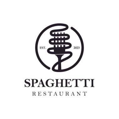 İtalyan spagetti logo şablonu dizaynı çatal ve makarna. Restoran, iş ve aşçılık logosu. minimalist illüstrasyon tasarımı
