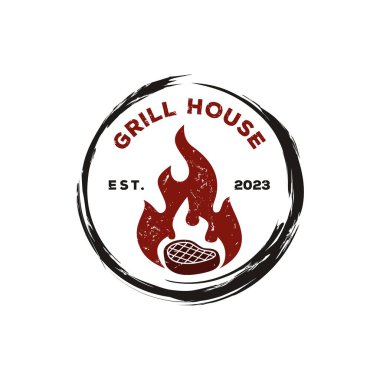 Vintage Grill House bbq barbekü barı ve et ve ateş ile ızgara logosu tasarımı, retro vektör illüstrasyonu.