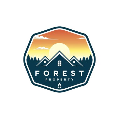 Orman Dağları 'ndaki kulübe kiralama şablonu. Ev logosu inşaatı. house Mountain logo şablonu Vektör illüstrasyonu
