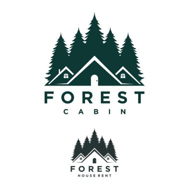 Orman Dağları 'ndaki kulübe kiralama şablonu. Ev logosu inşaatı. house Mountain logo şablonu Vektör illüstrasyonu