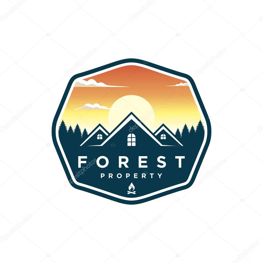 Logo design template for cabin house rental with forest mountain. home cabin logo construction. house mountain logo template Vector illustration