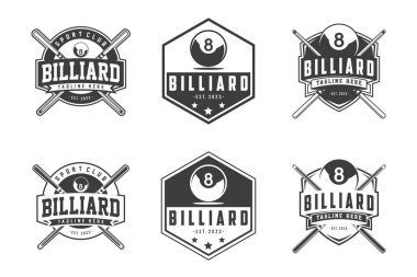 Bilardo Tasarımı Logo Vektör Seti, Bilardo Kulübü Etiket İşaret İşareti Vector Kavramı, Bilardo kulübü için Monokrom logosu