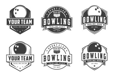 Bowling rozeti logoları vektör seti, amblemler koleksiyon ve tasarım elemanları, tek renkli bowling logosu