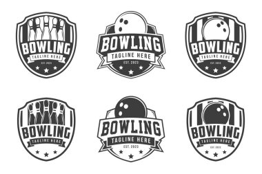 Bowling rozeti logoları vektör seti, amblemler koleksiyon ve tasarım elemanları, tek renkli bowling logosu