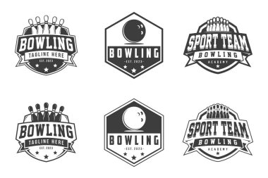 Bowling rozeti logoları vektör seti, amblemler koleksiyon ve tasarım elemanları, tek renkli bowling logosu