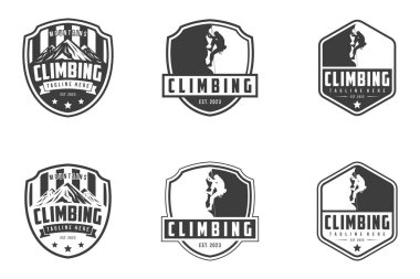 Tırmanış logosu vektörü, amblem seti, Maceralar ve dağ tırmanışı. Etiketler veya logo tasarımları için çizimler